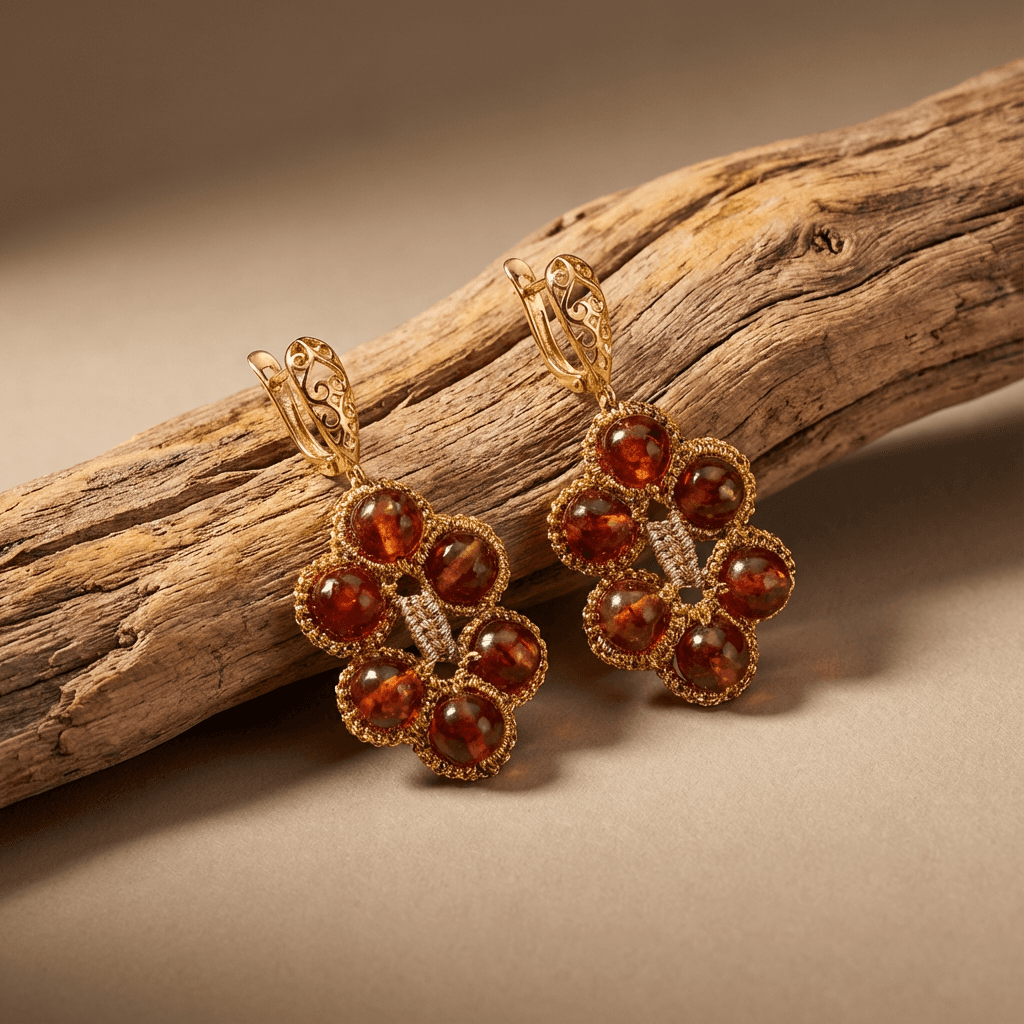 Серьги фриволите ручной работы с гранатом - Amber stones in golden frivolite lace