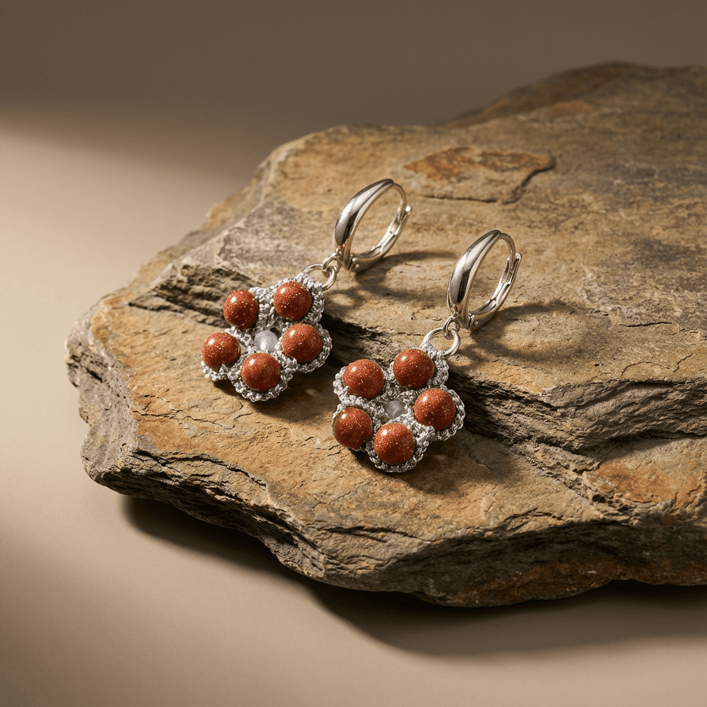 Серьги-цветы фриволите ручной работы с авантюрином - Silver flower goldstone frivolite earrings