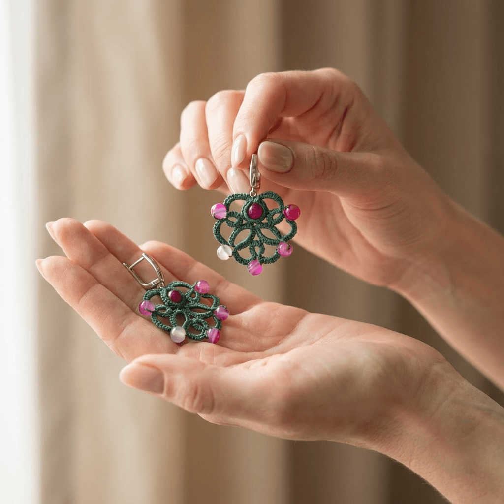 Ажурные серьги фриволите с натуральным агатом - Product shots