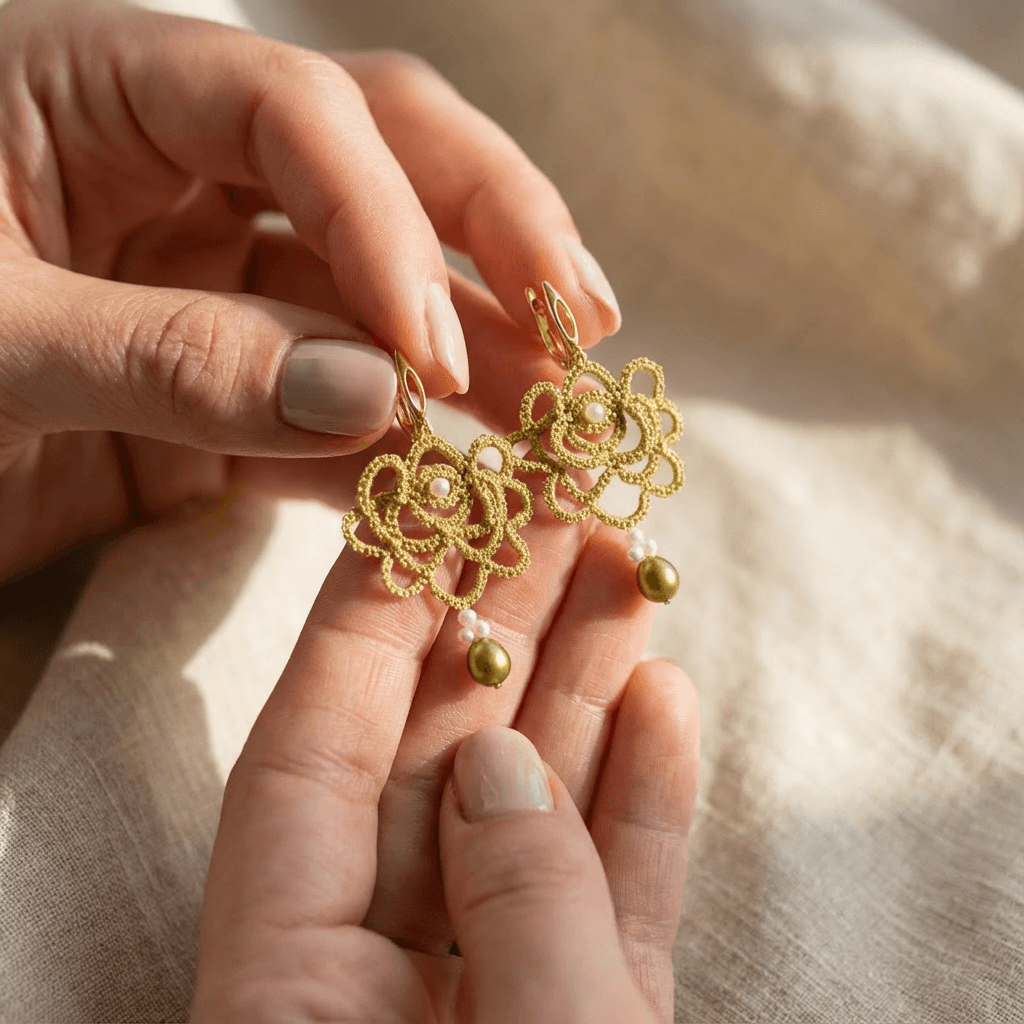 Золотистые серьги фриволите с жемчугом майорка - Golden floral lace pearl earrings