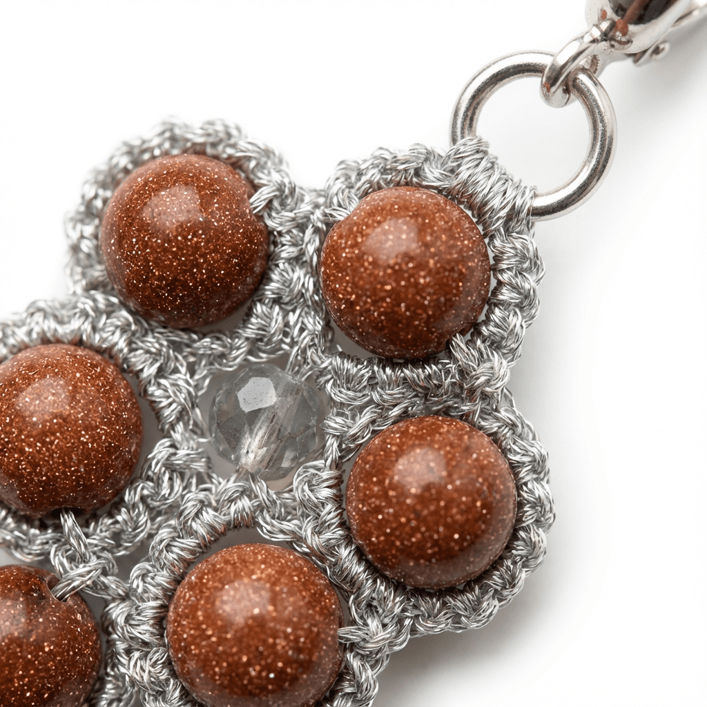 Серьги-цветы фриволите ручной работы с авантюрином - Silver flower goldstone frivolite earrings