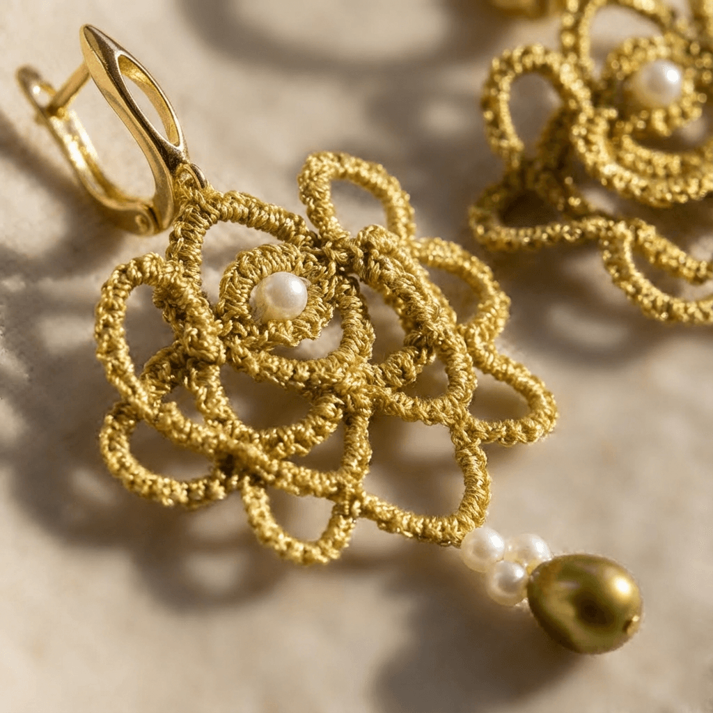 Золотистые серьги фриволите с жемчугом майорка - Golden floral lace pearl earrings