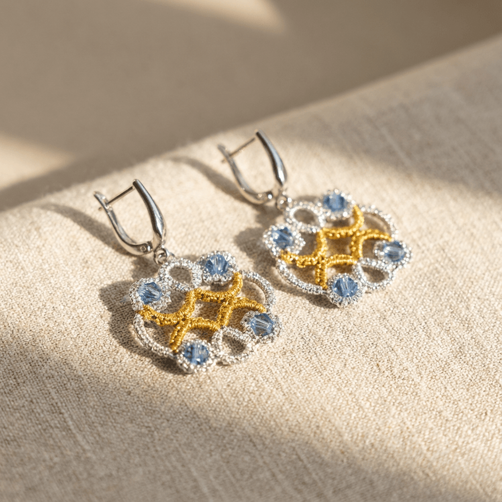 Ажурные серьги фриволите из металлической нити - Blue metallic lace ankars earrings