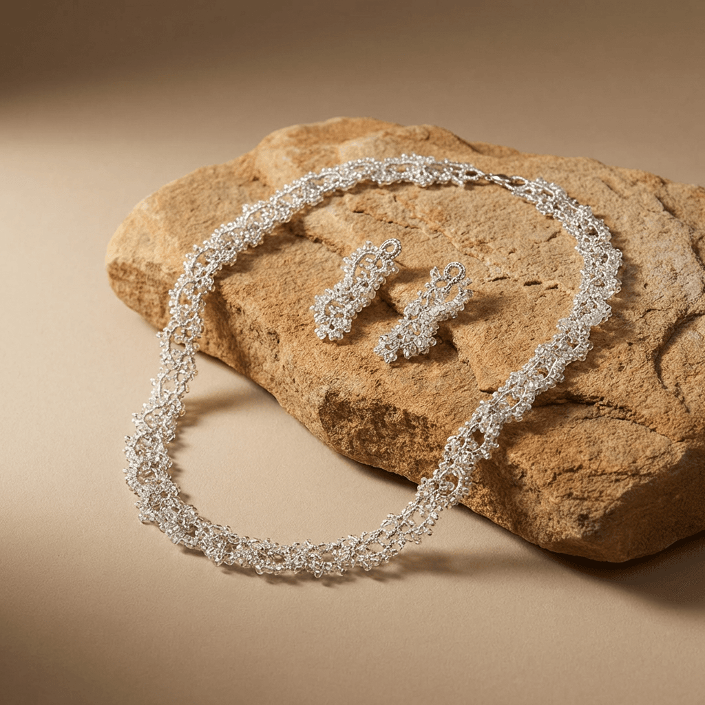 Комплект колье и серьги фриволите анкарс серебристый - Product shots