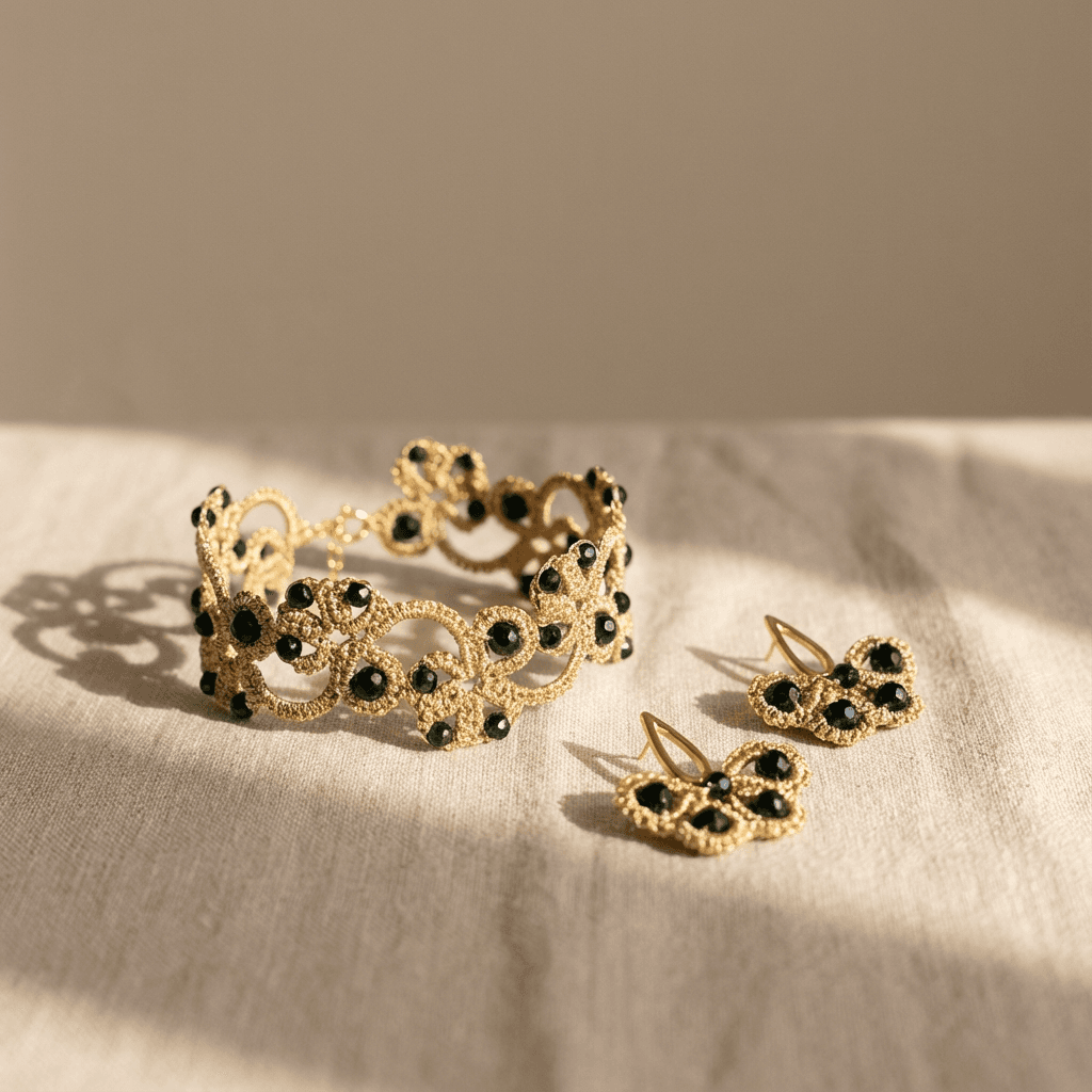 Золотистый комплект серьги и браслет фриволите анкарс - Champagne and forest green frivolite set