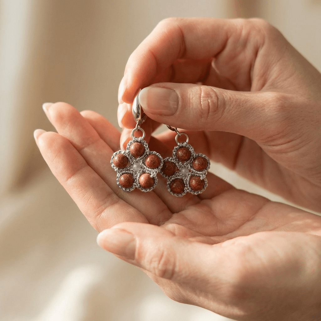 Серьги-цветы фриволите ручной работы с авантюрином - Silver flower goldstone frivolite earrings