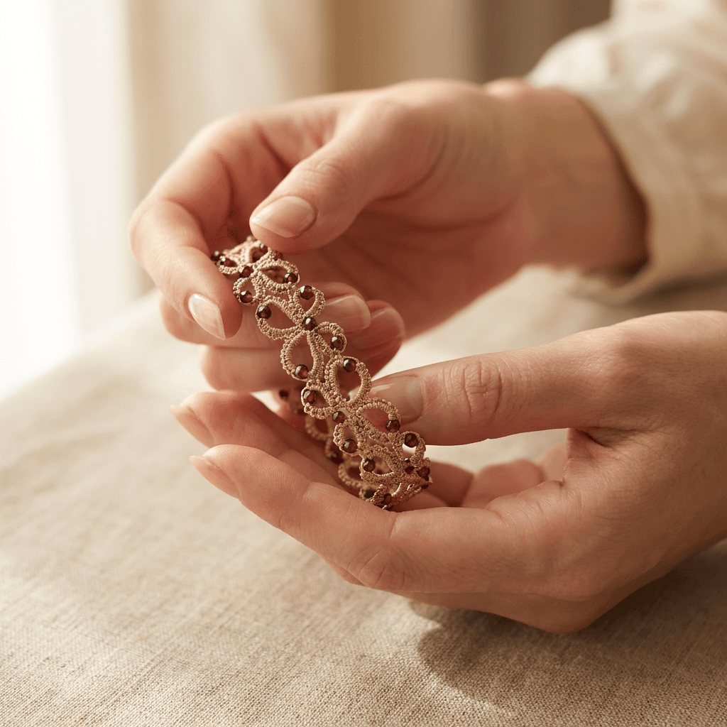 Золотистый браслет фриволите с бордовыми кристаллами - Product shots