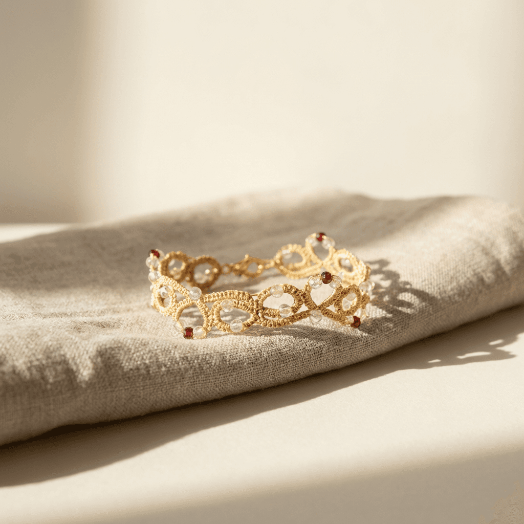 Золотистый браслет фриволите ручной работы с бусинами - Product shots