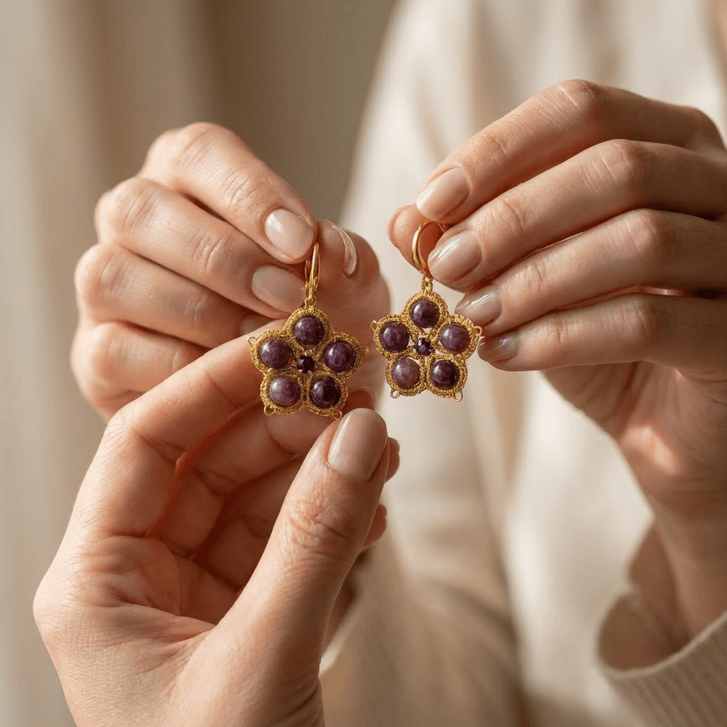 Серьги фриволите ручной работы с натуральными камнями - Product shots