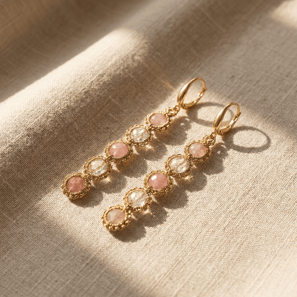 Длинные серьги фриволите с розовым кварцем - Product shots