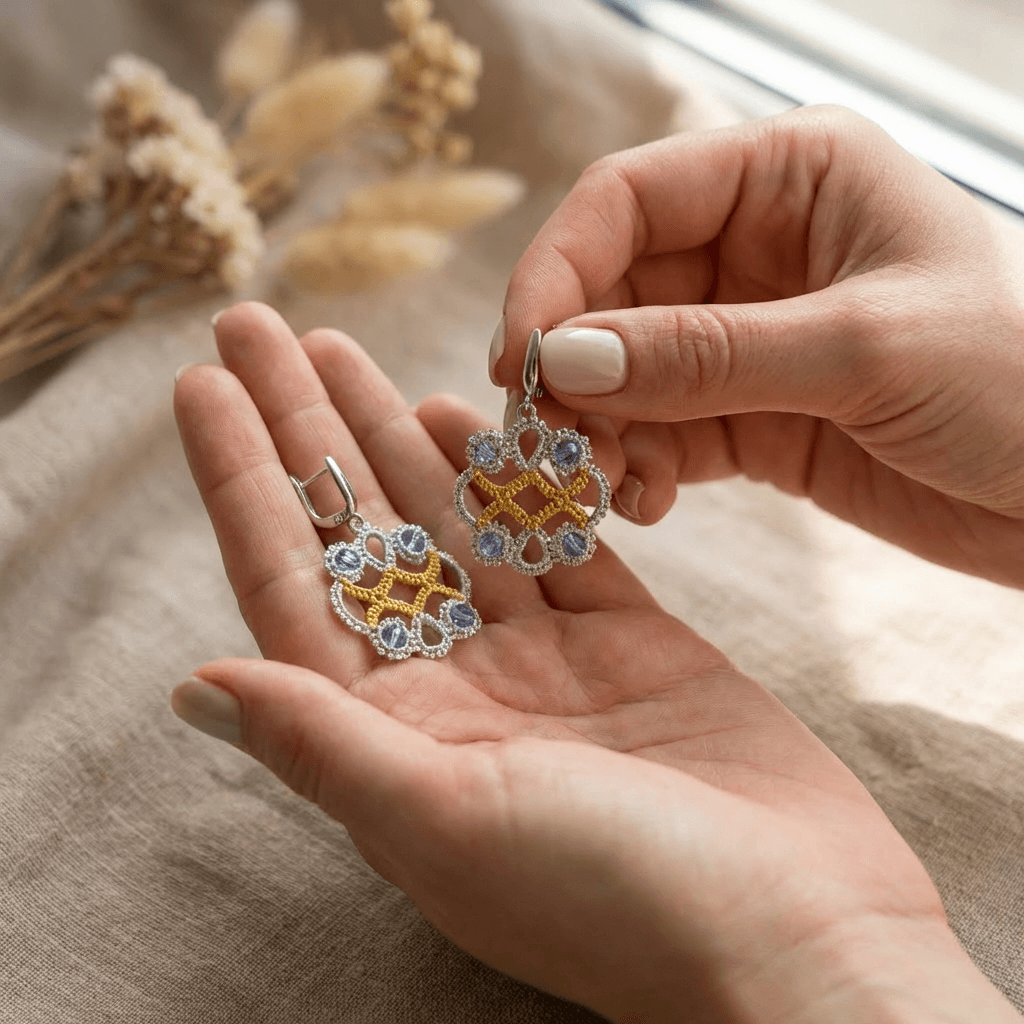 Серьги фриволите ручной работы с кристаллами - Product shots