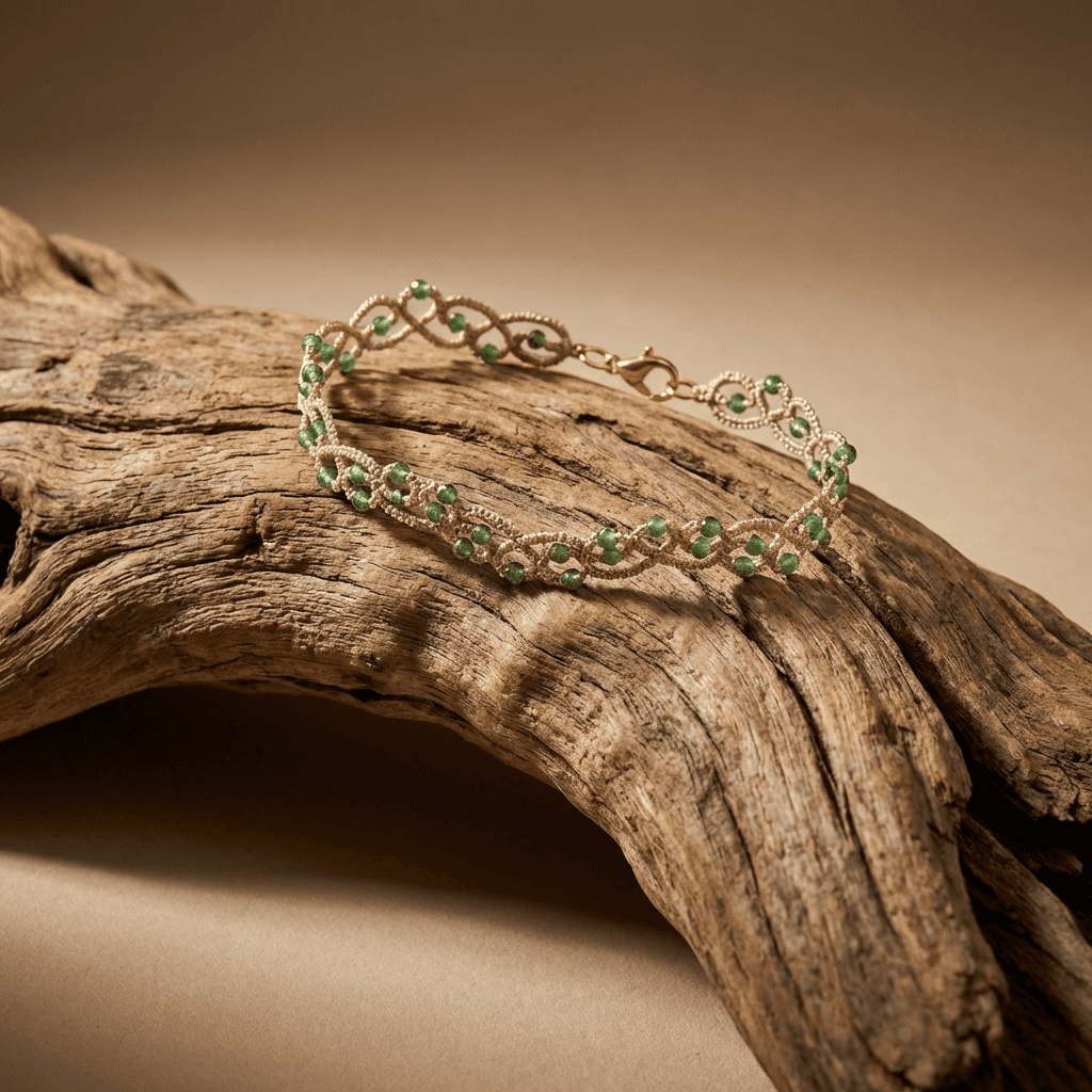 Браслет фриволите с изумрудными бусинами ручной работы - Product shots
