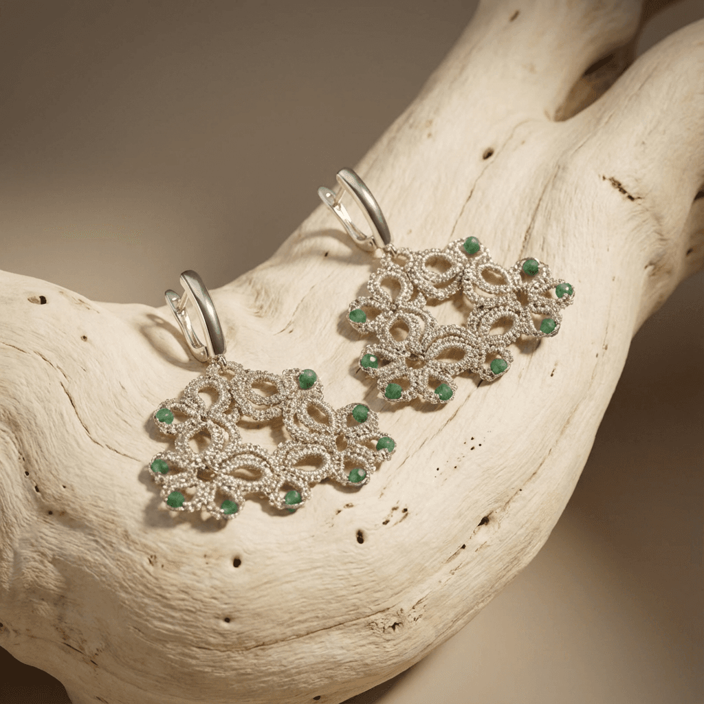 Серьги фриволите ручной работы с бусинами - Champagne and emerald frivolité earrings