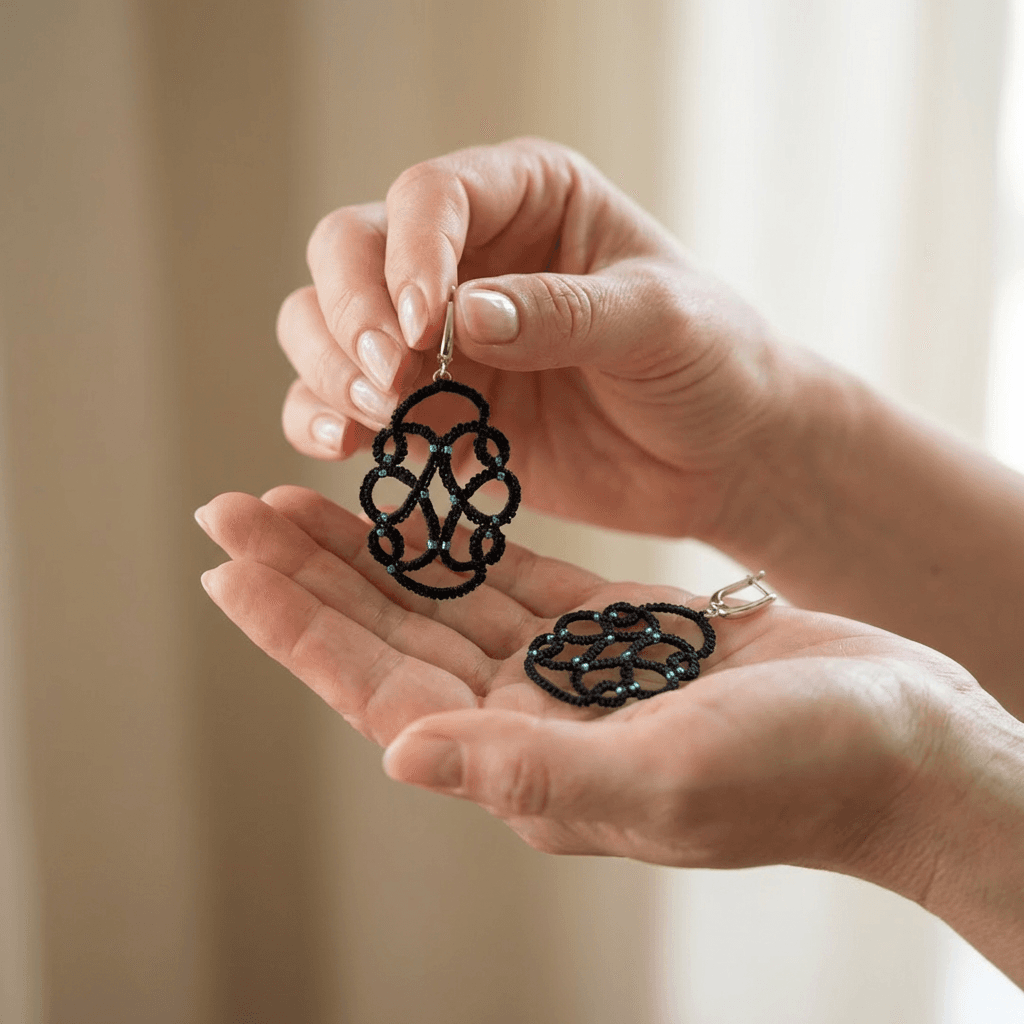 Серьги фриволите черные с бисером кружевные - Product shots