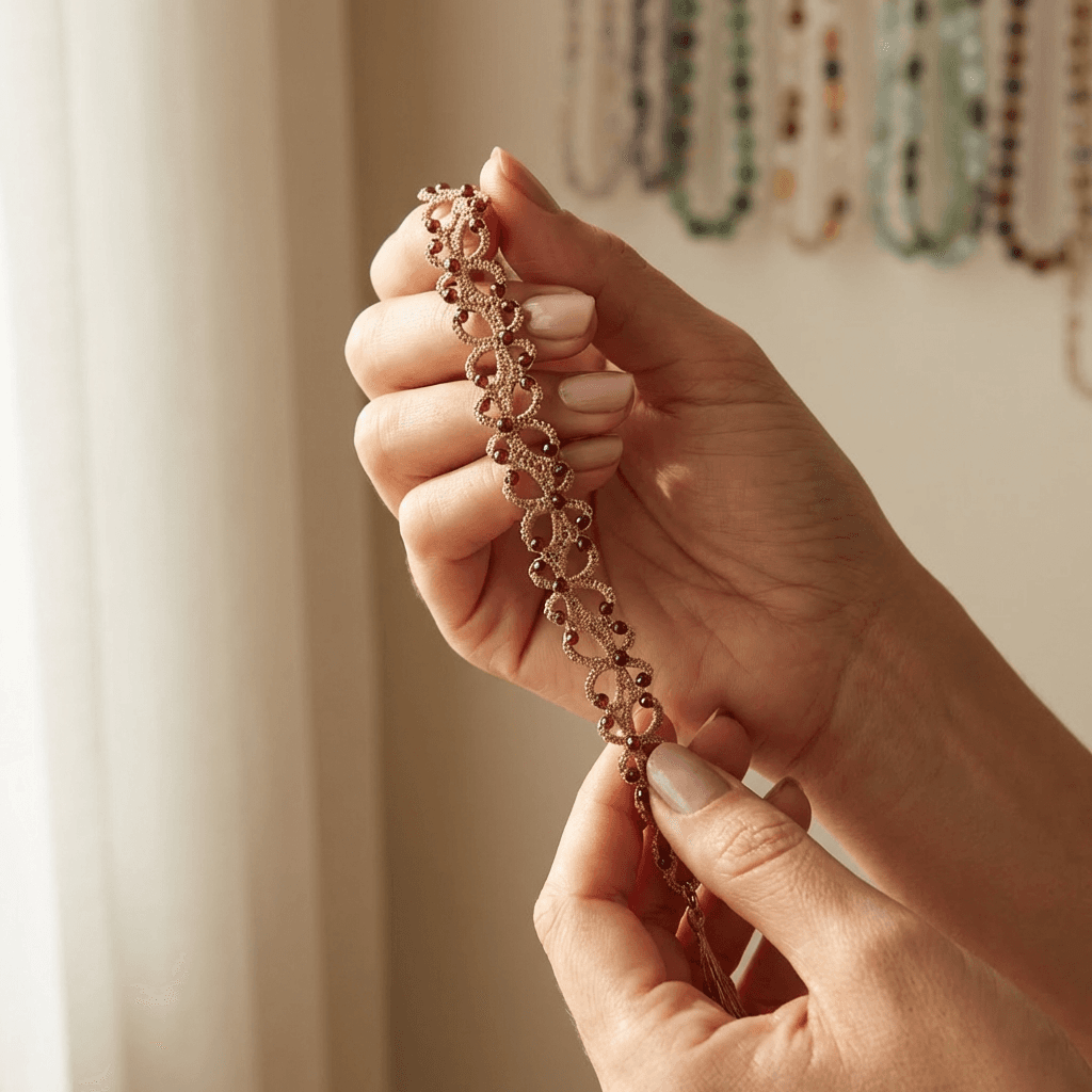 Золотистый браслет фриволите с натуральным гранатом - Product shots