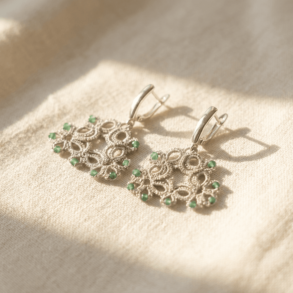 Серьги фриволите ручной работы с бусинами - Champagne and emerald frivolité earrings