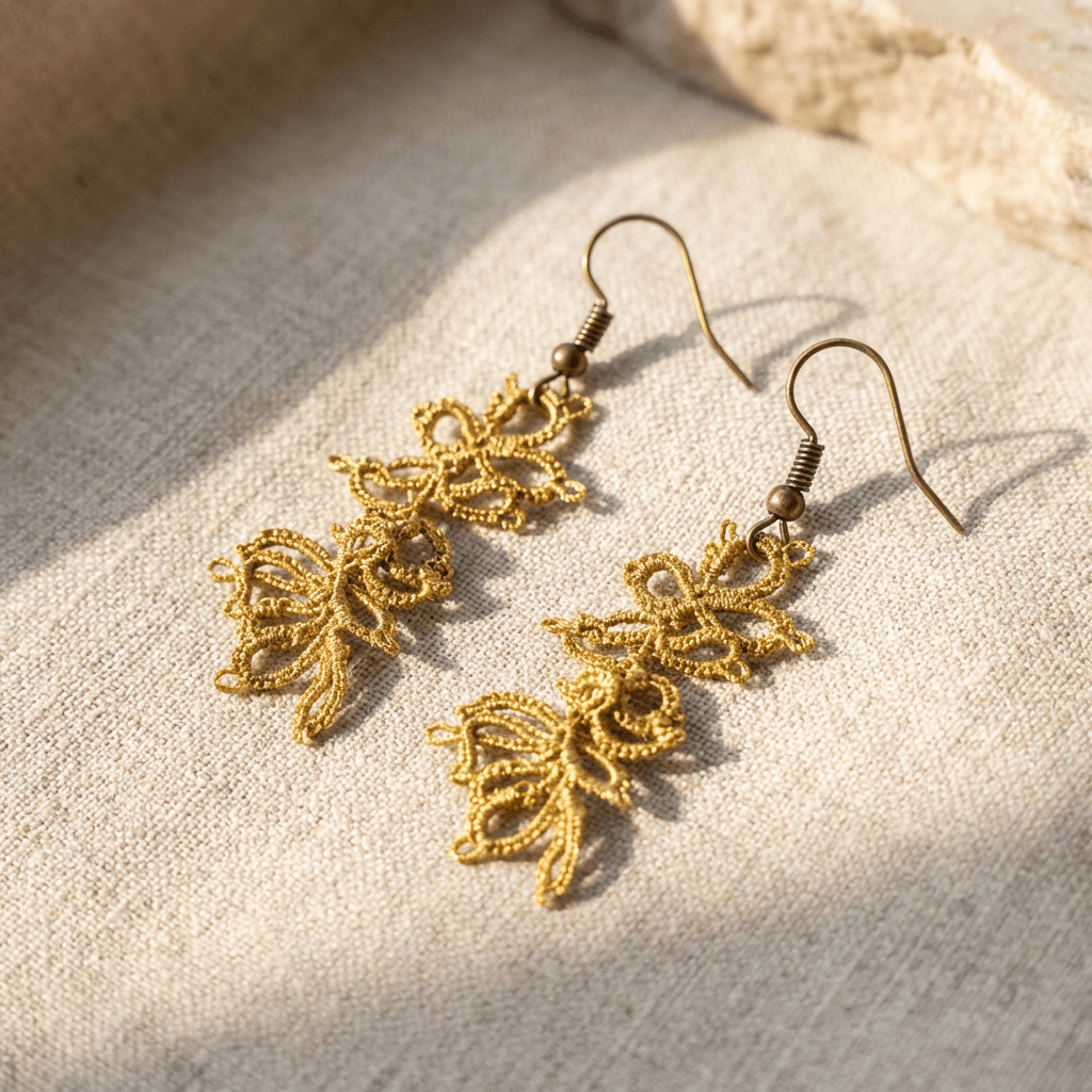 Золотистые серьги фриволите в технике анкарс - Product shots