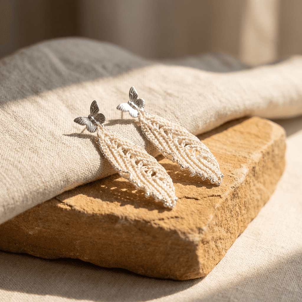 Серьги фриволите «Бежевое перышко» длинные ажурные - Product shots