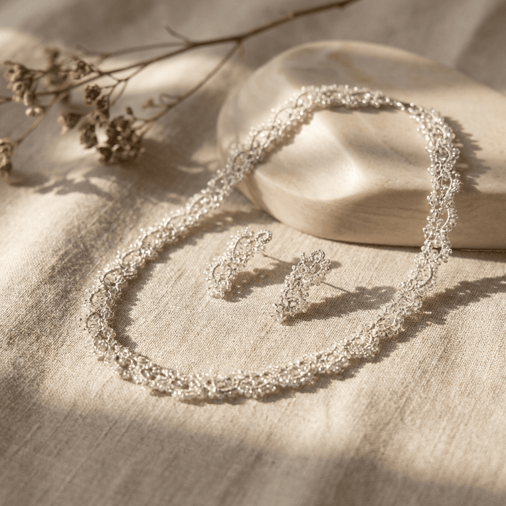 Комплект колье и серьги фриволите анкарс серебристый - Product shots