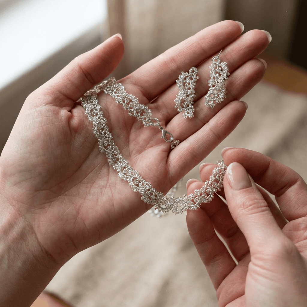 Комплект колье и серьги фриволите анкарс серебристый - Product shots