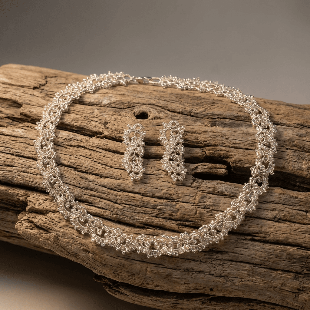 Колье и серьги фриволите из бисера серебристого цвета - Product shots