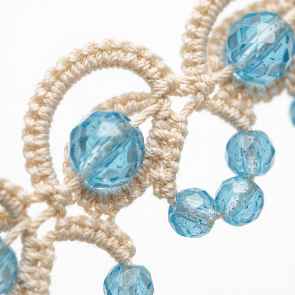 Кружевное колье фриволите с голубыми бусинами - Champagne lace and blue beaded necklace