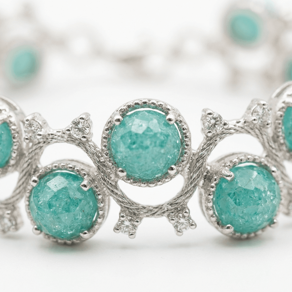 Комплект серьги и браслет фриволите 'Мятный лед' - Mint-green silver lace jewelry set