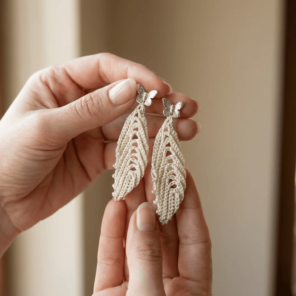 Серьги фриволите «Бежевое перышко» длинные ажурные - Product shots