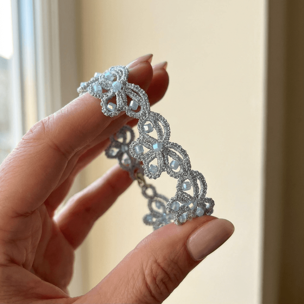 Браслет фриволите Ледяная акварель - silvery-gray Frivolité lace bracelet