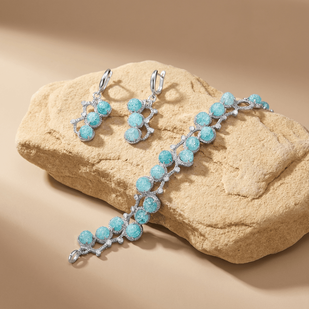 Комплект серьги и браслет фриволите 'Мятный лед' - Mint-green silver lace jewelry set