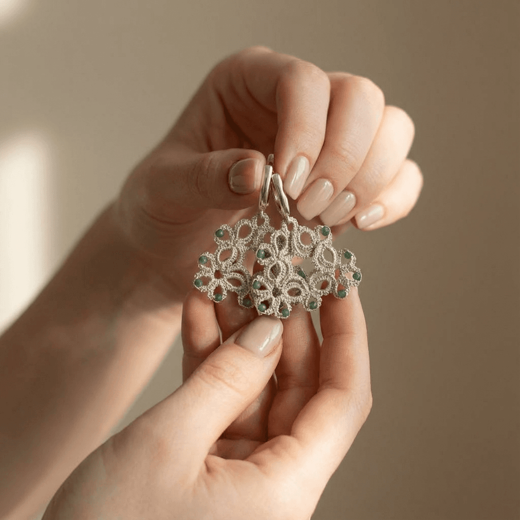 Серьги фриволите ручной работы с бусинами - Champagne and emerald frivolité earrings