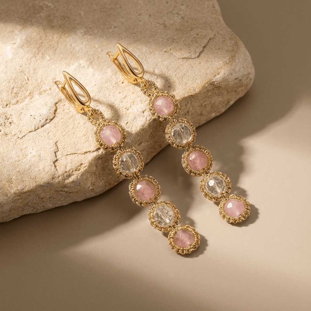 Длинные серьги фриволите с розовым кварцем - Product shots