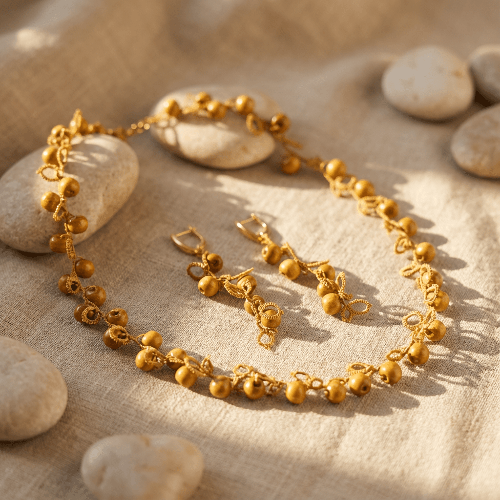 Комплект колье и серьги фриволите из дерева - Golden lace and wooden bead set