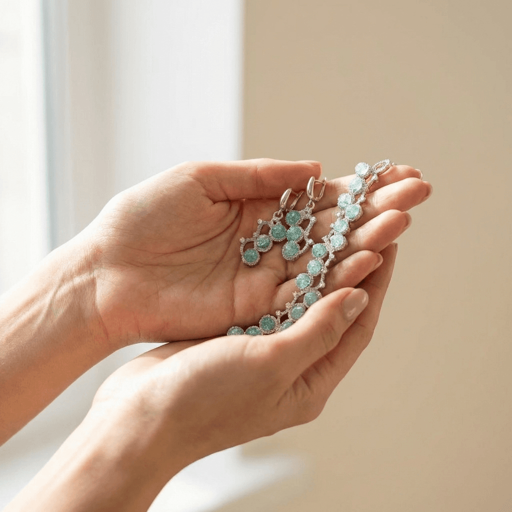 Комплект серьги и браслет фриволите 'Мятный лед' - Mint-green silver lace jewelry set