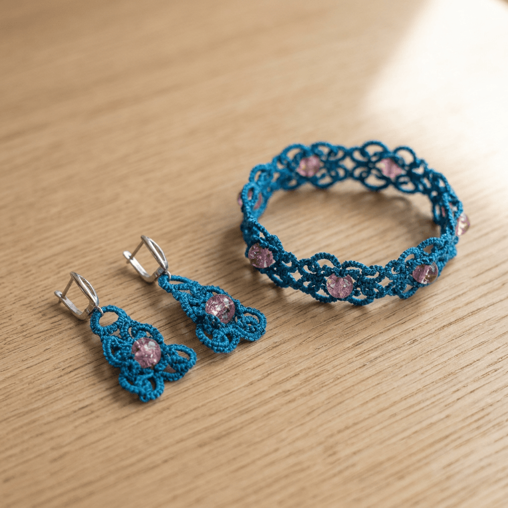 Комплект браслет и серьги фриволите «Бирюзовая нежность» - Product shots
