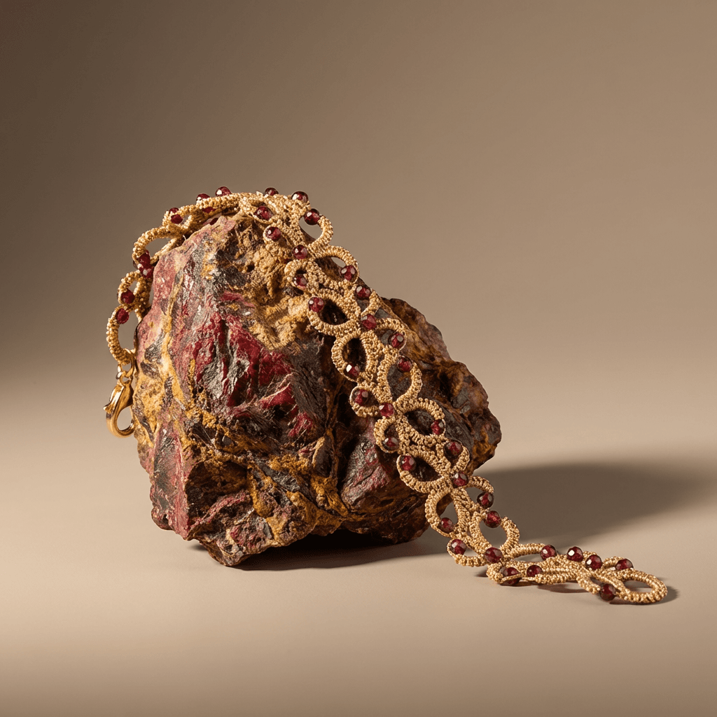 Золотистый браслет фриволите с натуральным гранатом - Product shots