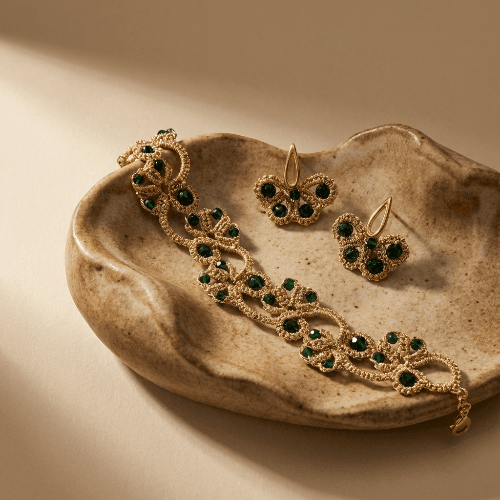 Золотистый комплект серьги и браслет фриволите анкарс - Champagne and forest green frivolite set