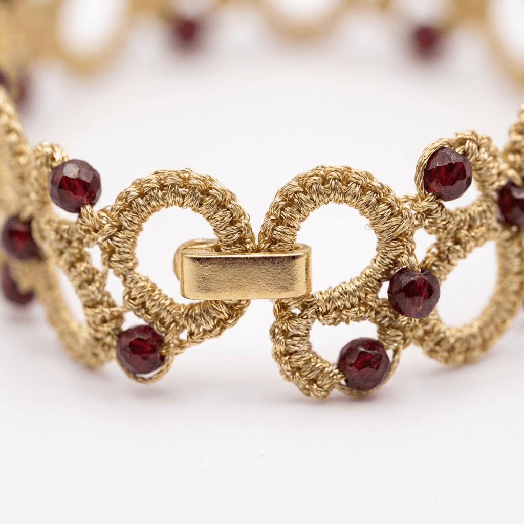 Золотистый браслет фриволите с натуральным гранатом - Product shots