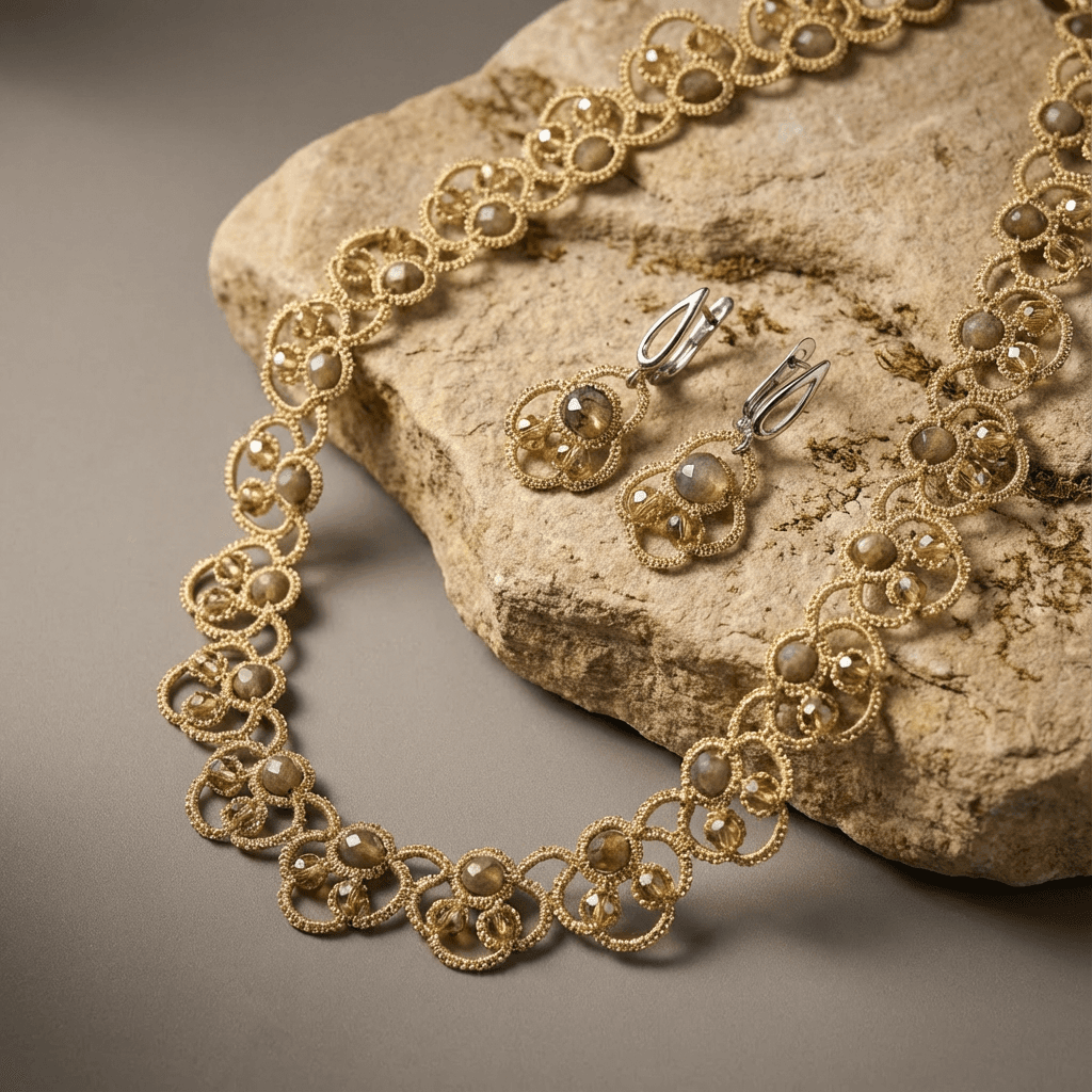 Комплект украшений: колье и серьги фриволите анкарс - Golden lace floral jewelry set