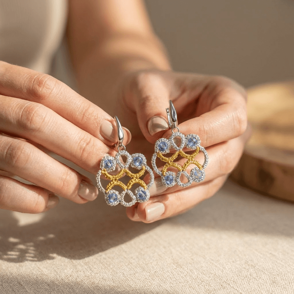 Ажурные серьги фриволите из металлической нити - Blue metallic lace ankars earrings