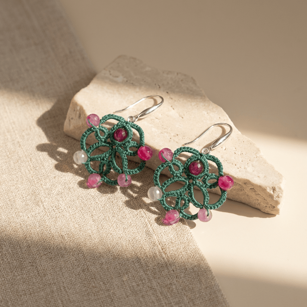 Ажурные серьги фриволите с натуральным агатом - Product shots