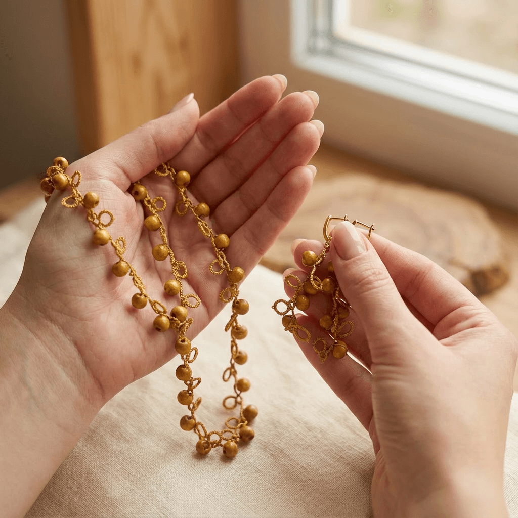 Комплект колье и серьги фриволите из дерева - Golden lace and wooden bead set