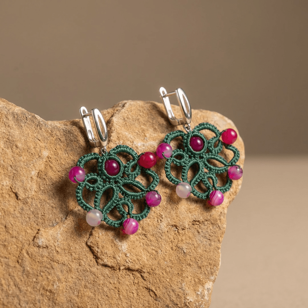 Ажурные серьги фриволите с натуральным агатом - Product shots