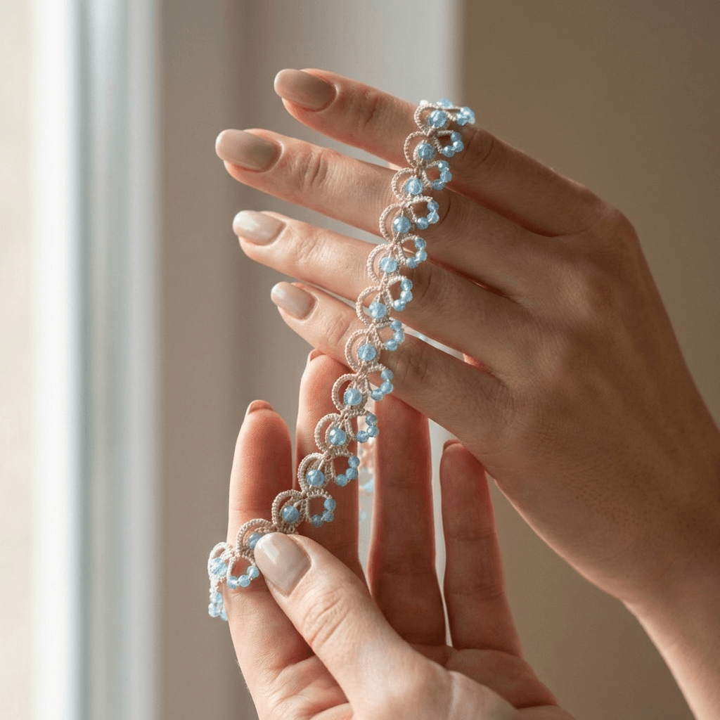 Кружевное колье фриволите с голубыми бусинами - Champagne lace and blue beaded necklace