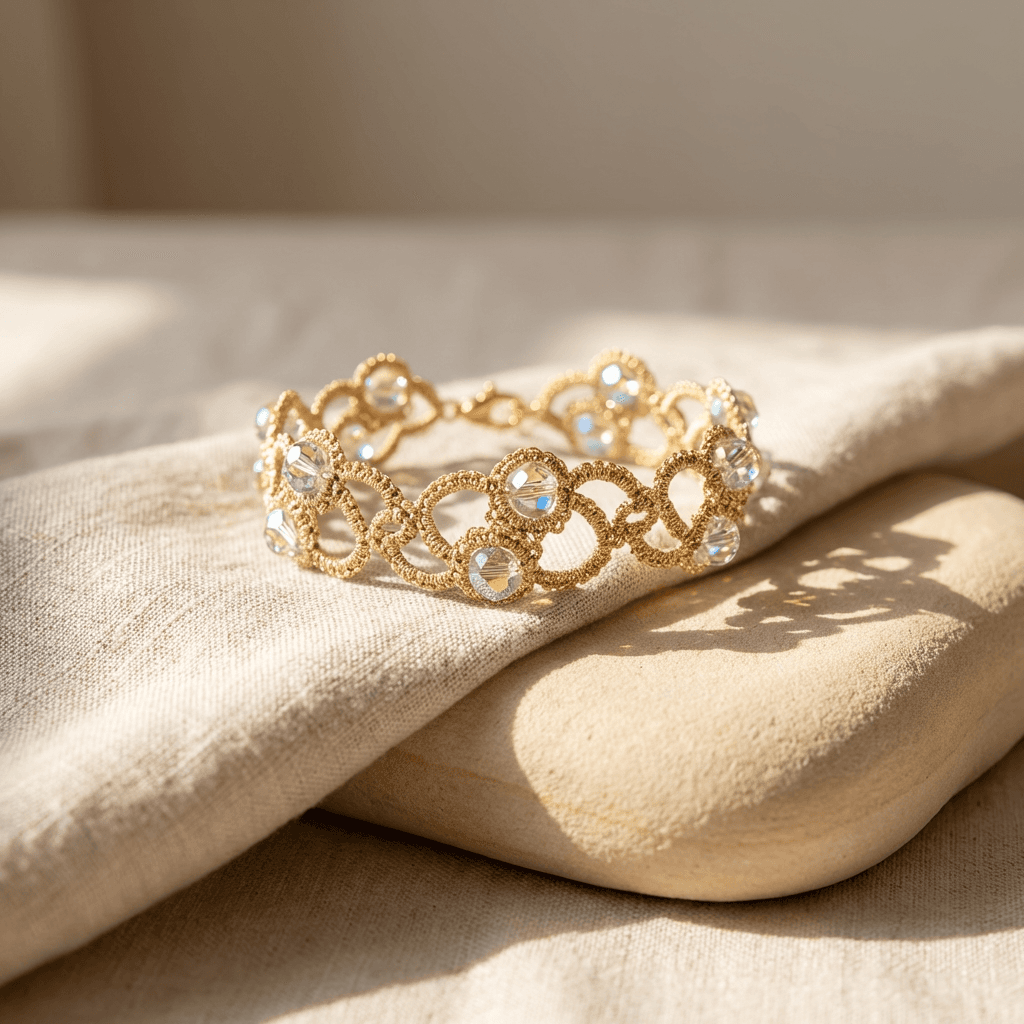 Золотистый браслет в технике анкарс с кристаллами - Product shots