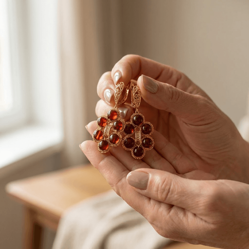 Серьги фриволите ручной работы с гранатом - Amber stones in golden frivolite lace