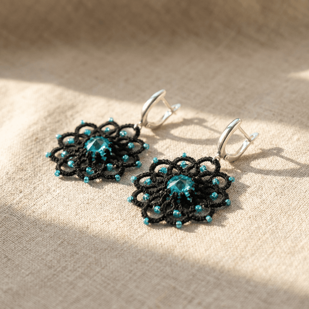 Серьги фриволите ручной работы ажурные черные - Product shots