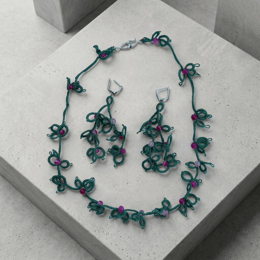 Колье и серьги фриволите Изумрудная лоза - Product shots