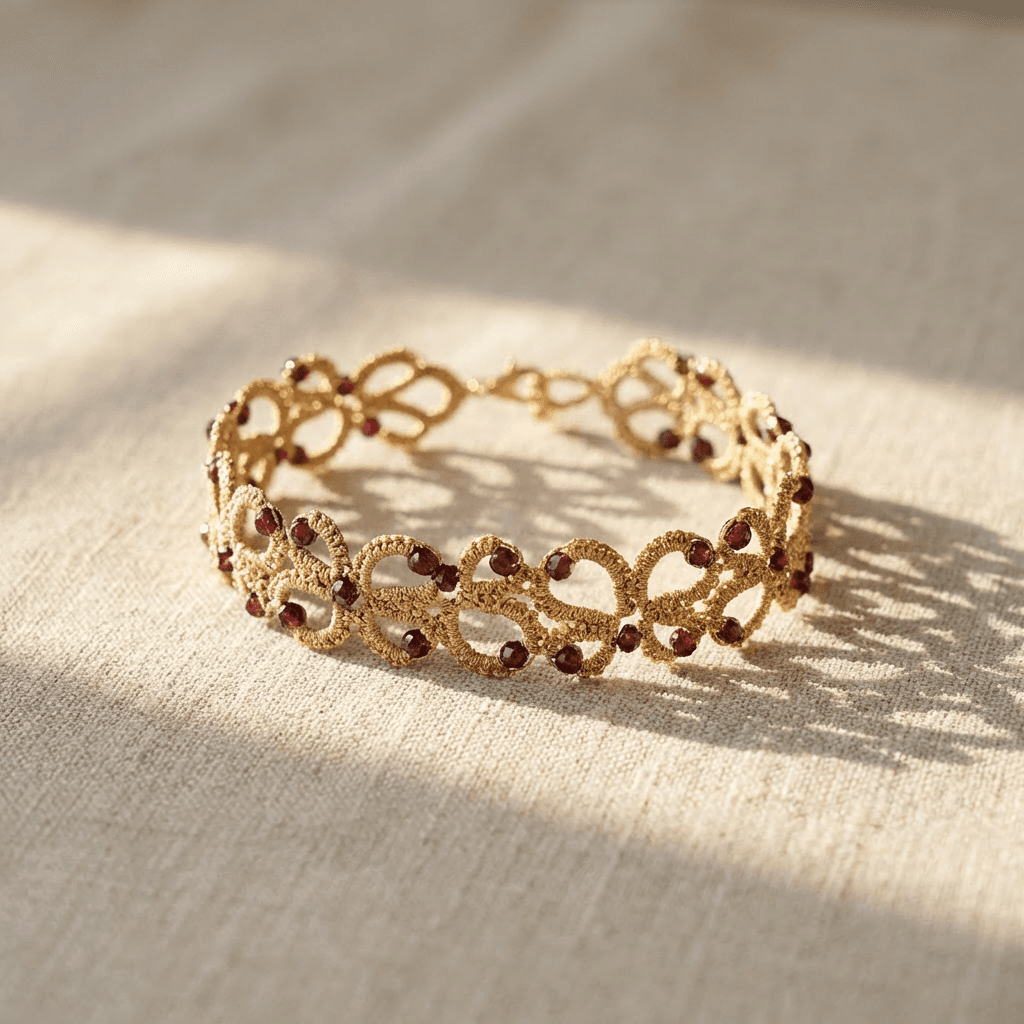 Золотистый браслет фриволите с бордовыми кристаллами - Product shots