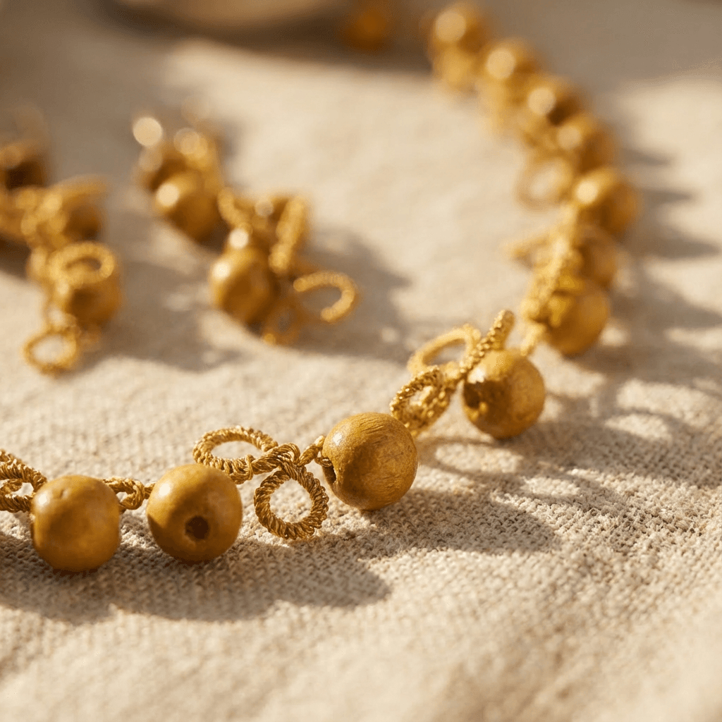 Комплект колье и серьги фриволите из дерева - Golden lace and wooden bead set